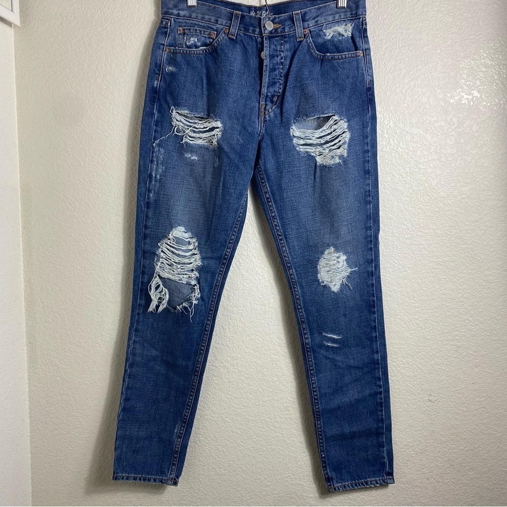 Nasty Gal Blue Button Fly Distressed Jean Size:25